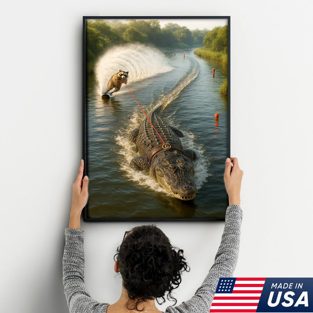 Racoon Water Skiing with Alligator Canvas Wall Art, Funny Animal Adventure Decor