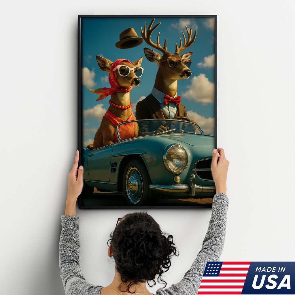 Retro Deer Couple Driving Canvas – Funny Buck & Doe in Convertible, Vintage Wall Art