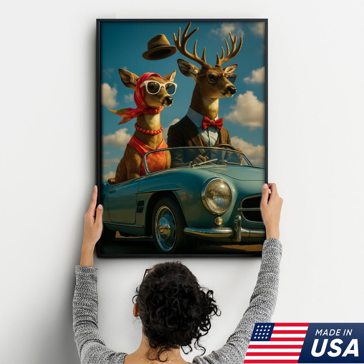 Retro Deer Couple Driving Canvas – Funny Buck & Doe in Convertible, Vintage Wall Art