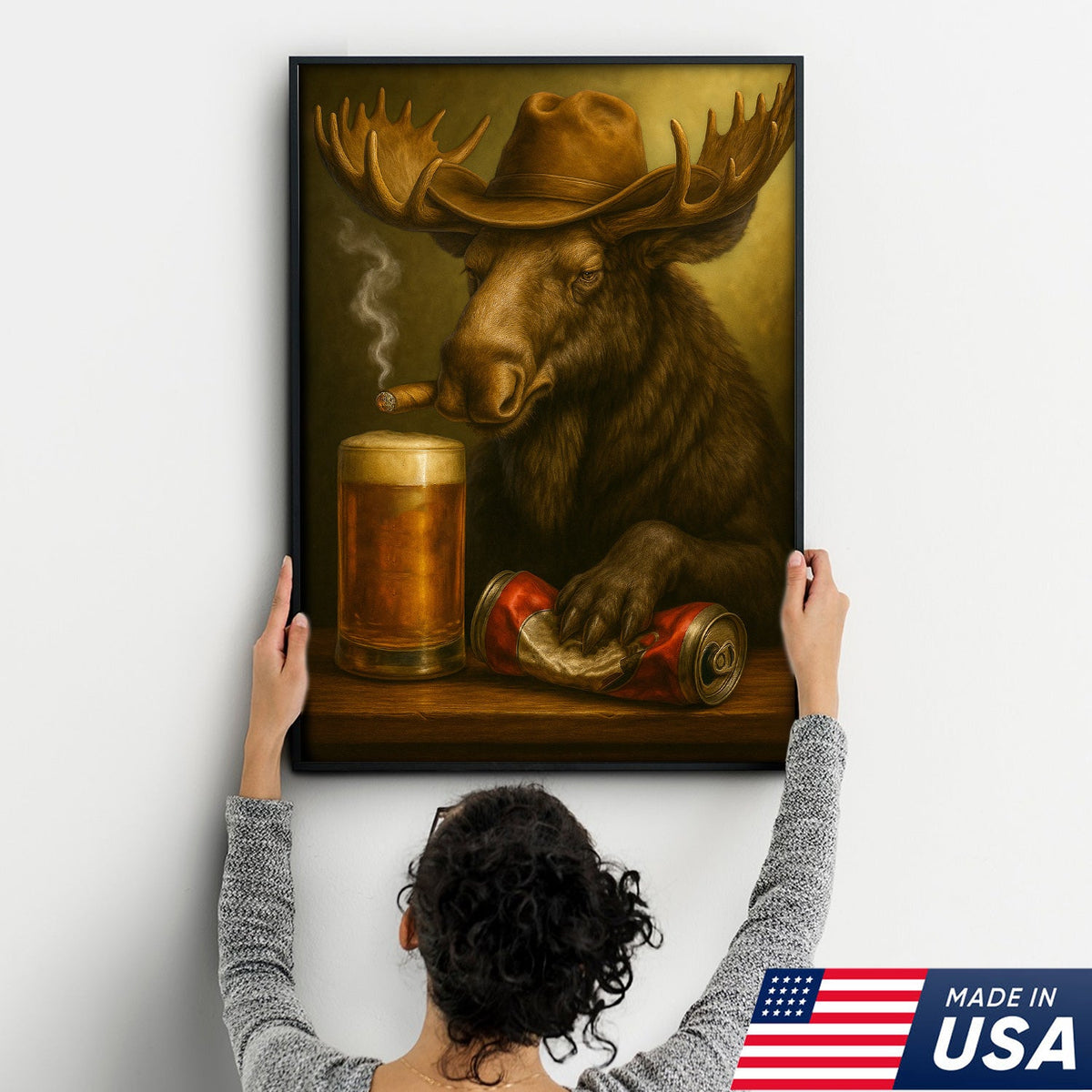 Rustic Cowboy Moose Beer Canvas – Funny Bar Wall Art Gift for Hunters, Cabin Decor & Man Caves