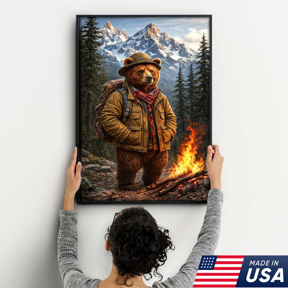 Mountain Explorer Bear Canvas Wall Art – Realistic Wildlife Hiking Print