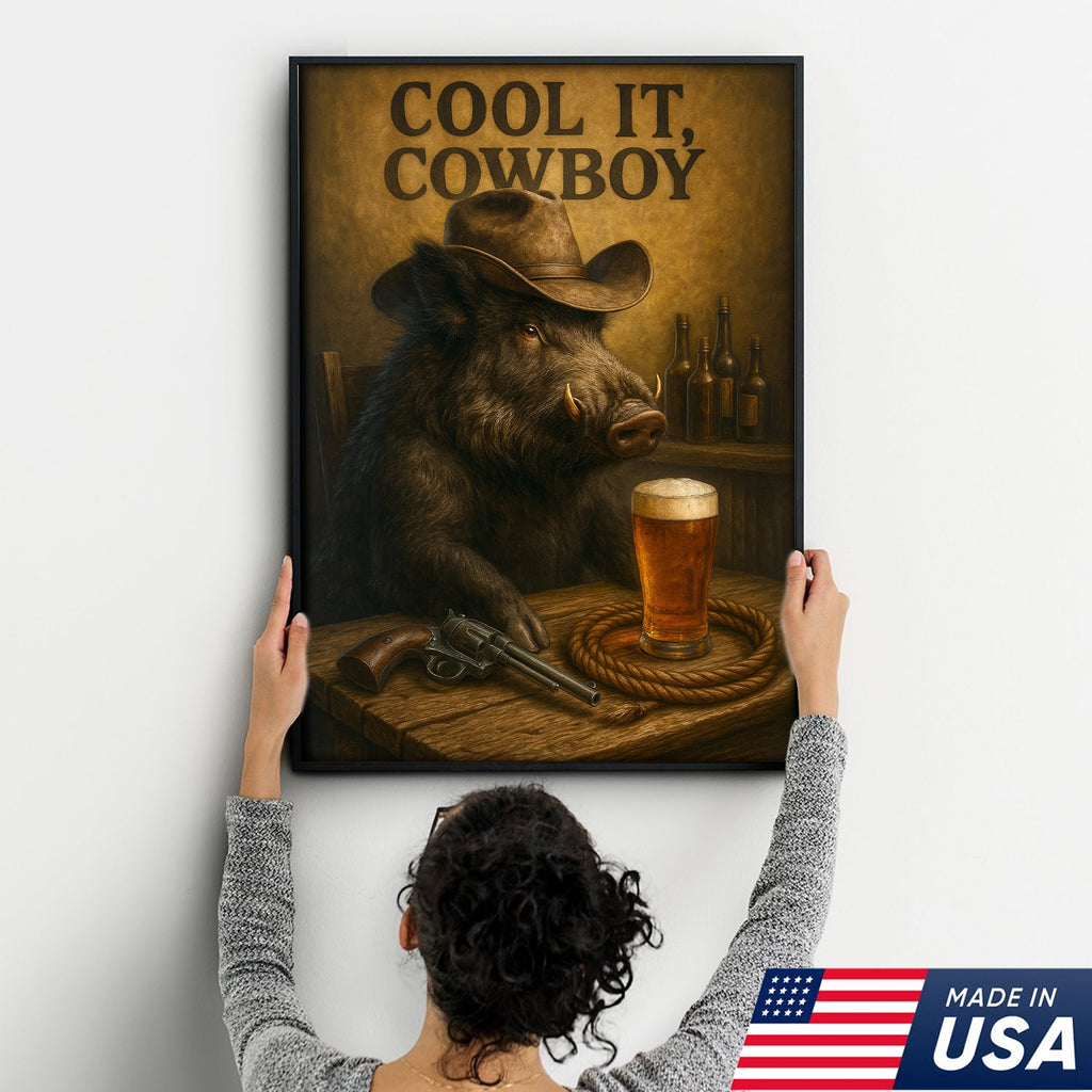 Funny Wild Boar Cowboy Canvas – Rustic Wildlife Bar Wall Art Gift for Hunters, Lodge and Cabin