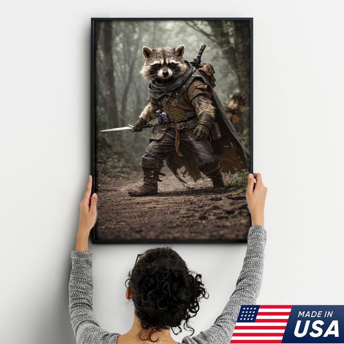 Epic Raccoon Warrior Wall Art Canvas Print, Fantasy Adventurer Animal Illustration