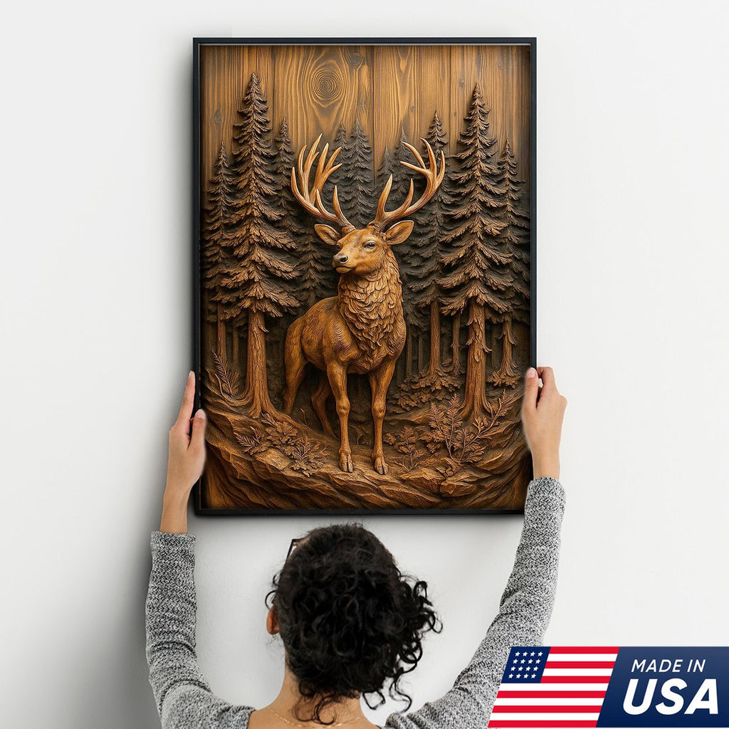 Deer in Pine Forest Canvas Wall Art, Rustic Wood Carved Look Buck Artwork