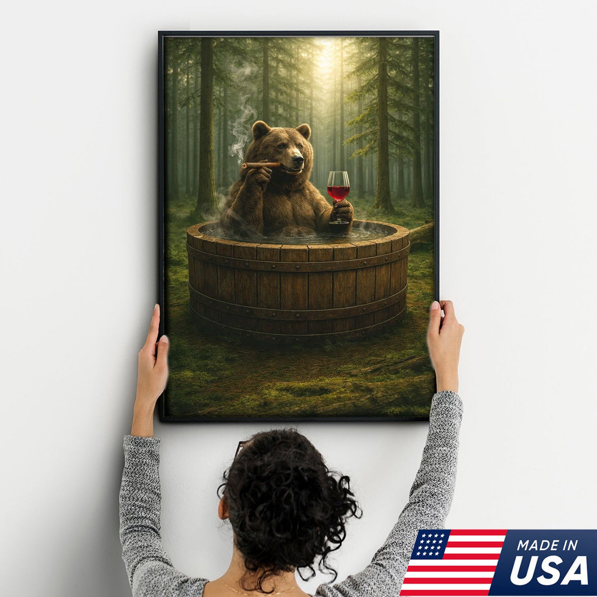 Relaxing Bear Forest Bath Canvas Wall Art, Whimsical Woodland Animal Illustration