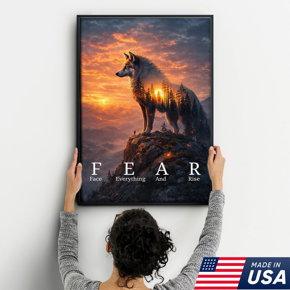 Fear Face Everything And Rise Wolf Canvas Wall Art, Inspirational Sunset Wolf Artwork
