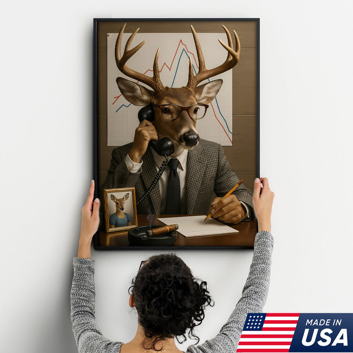 Funny Deer Businessman Canvas, Hilarious Office Buck Wall Art, Quirky Animal Decor for Workspace