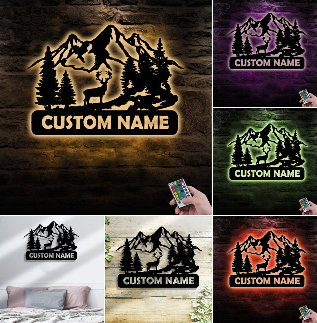 Personalized Deer Metal Sign WITH LED/WITHOUT LED - Mountain Cabin Name Sign
