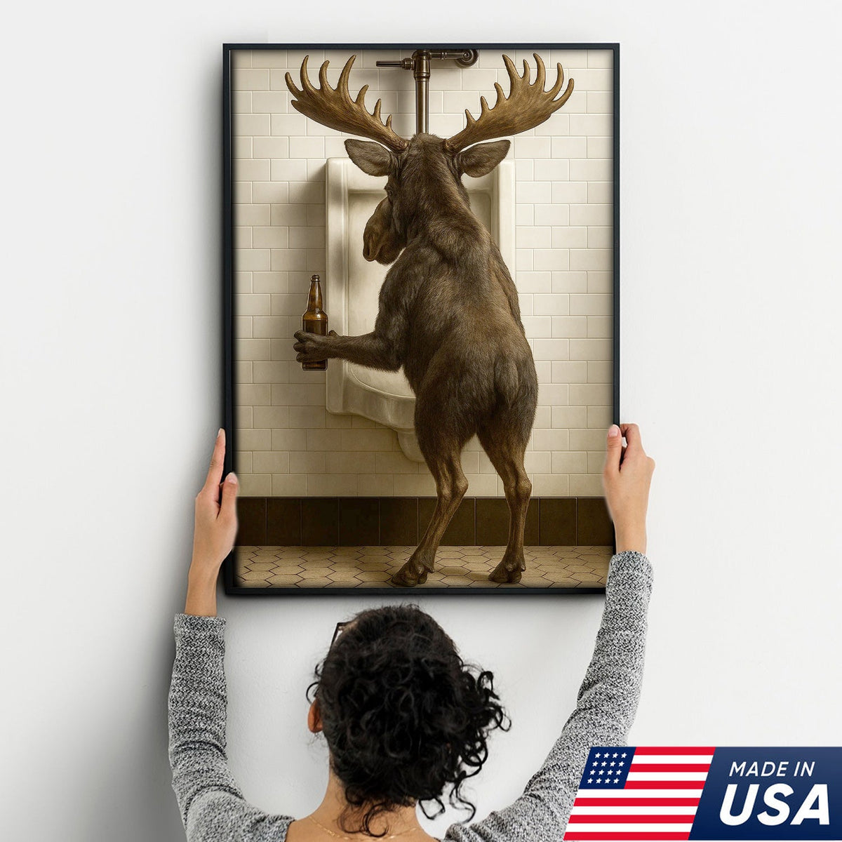 Moose Bathroom Canvas Wall Art - Funny Rustic Lodge Decor for Cabin and Hunting Enthusiasts