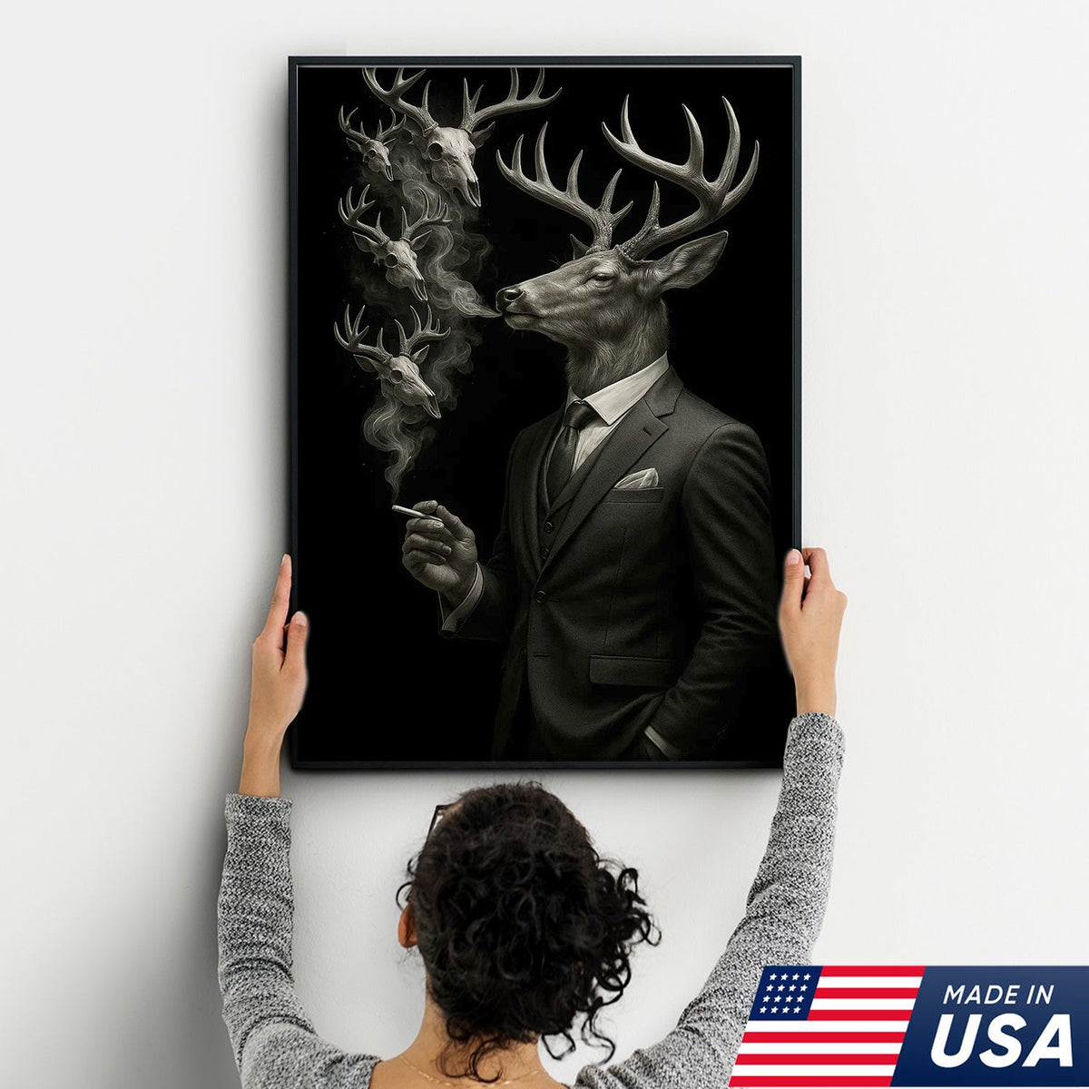 Gentleman Deer Canvas Wall Art, Elegant Buck in Suit Artwork, Rustic Cabin Decor for Hunters