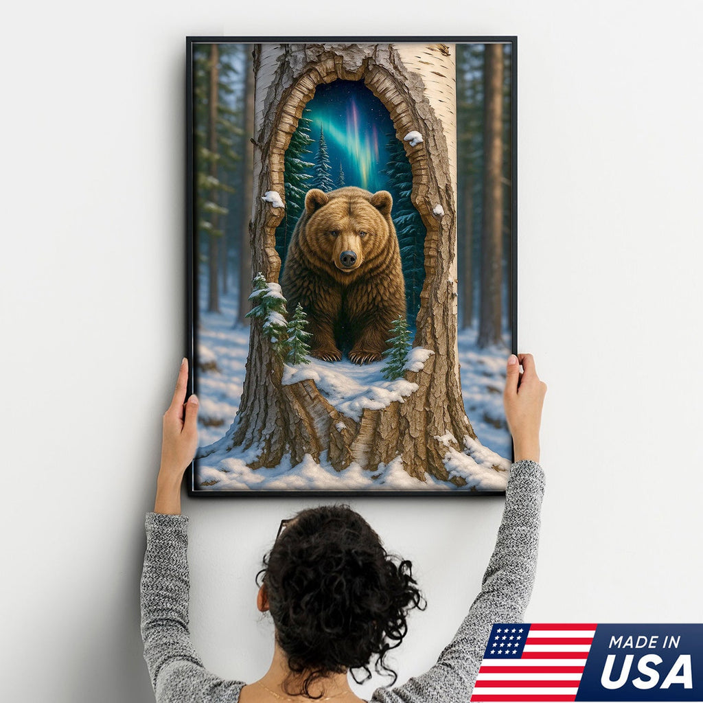 Aurora Borealis Bear in Hollow Tree Canvas Wall Art, Winter Forest Cabin Decor