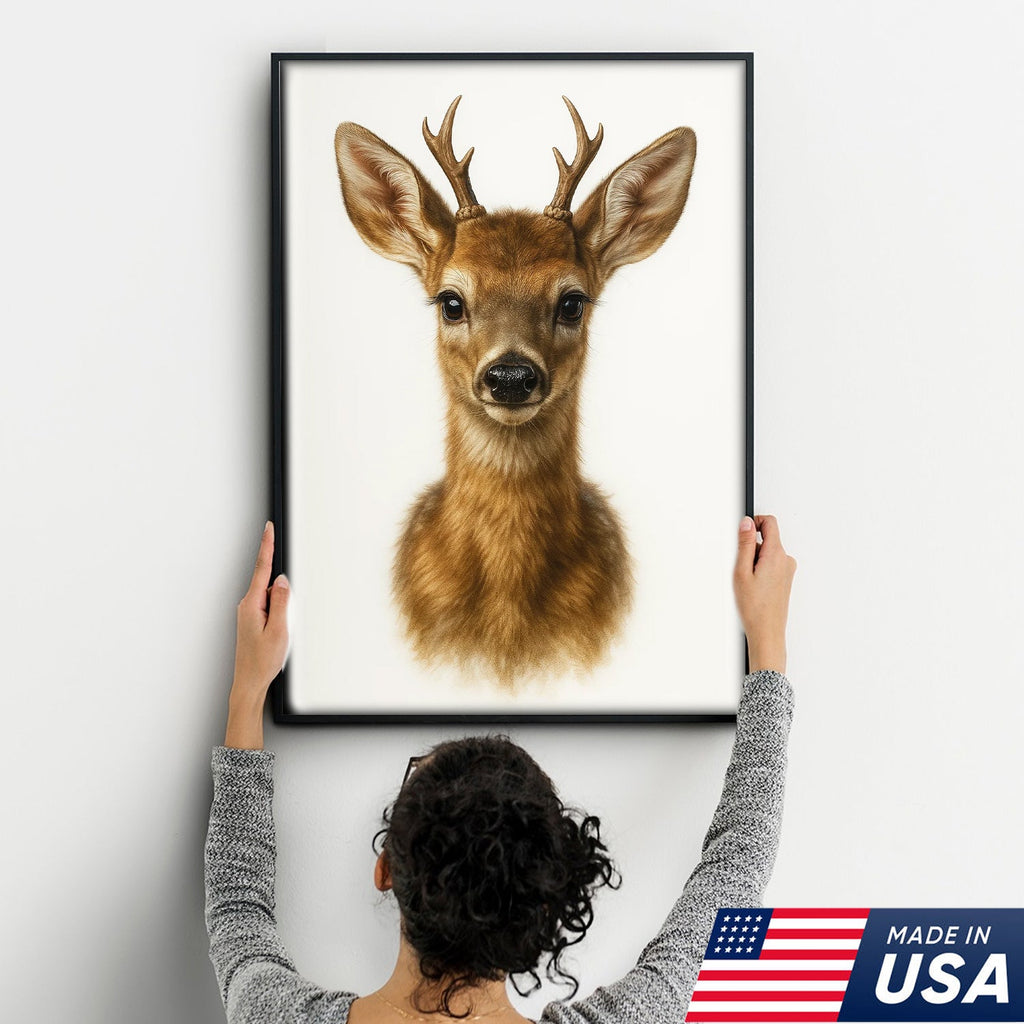 Minimalist Deer Canvas Wall Art, Realistic Baby Buck Portrait, Modern Wildlife Animal Print