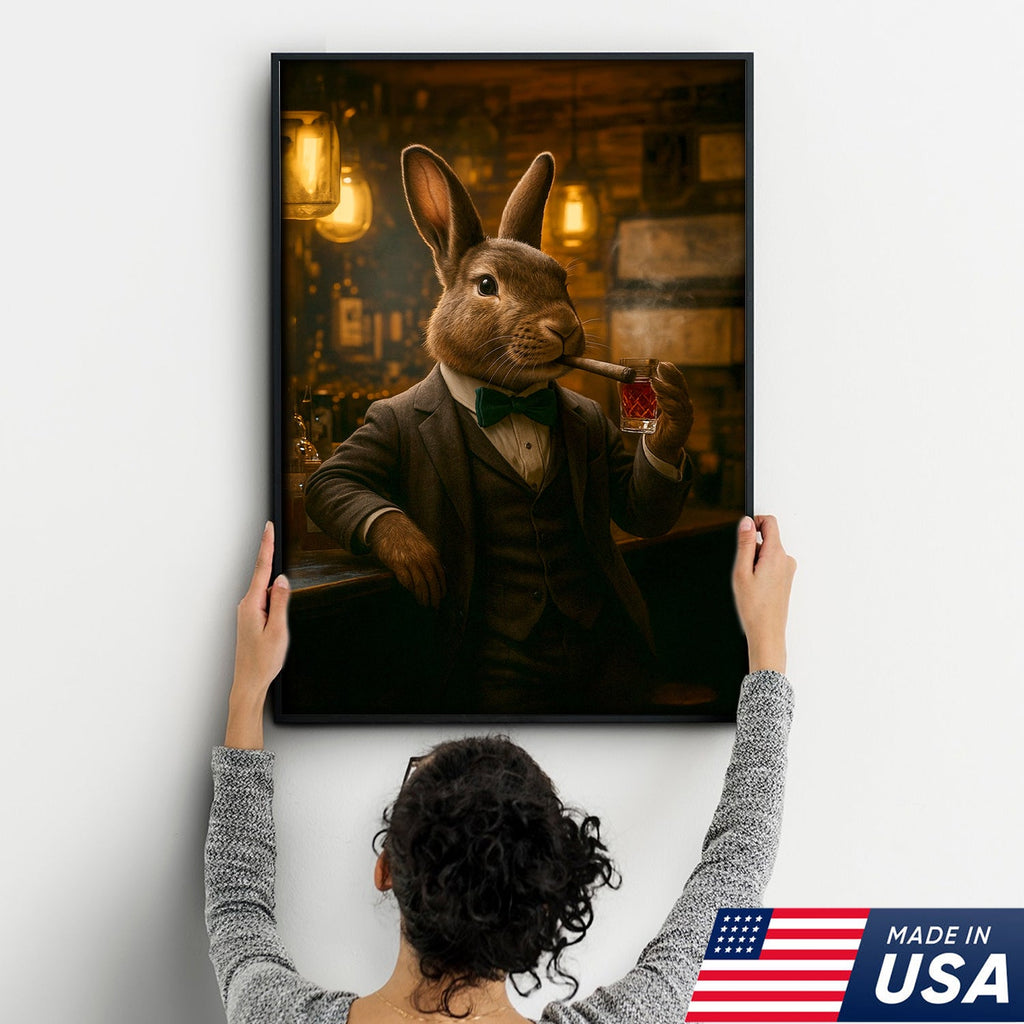 Rabbit Gentleman Wall Art – Classy Drinking & Smoking Canvas for Bar, Lodge & Man Cave Decor