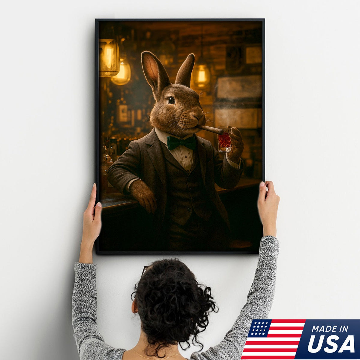 Rabbit Gentleman Wall Art – Classy Drinking & Smoking Canvas for Bar, Lodge & Man Cave Decor