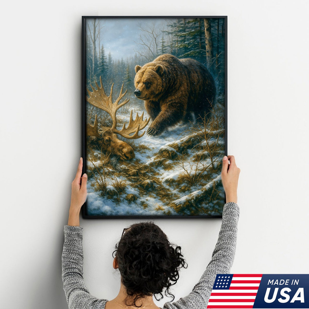 Grizzly Bear and Moose Wilderness Wall Art – Rustic Hunting Canvas for Cabin & Lodge Decor