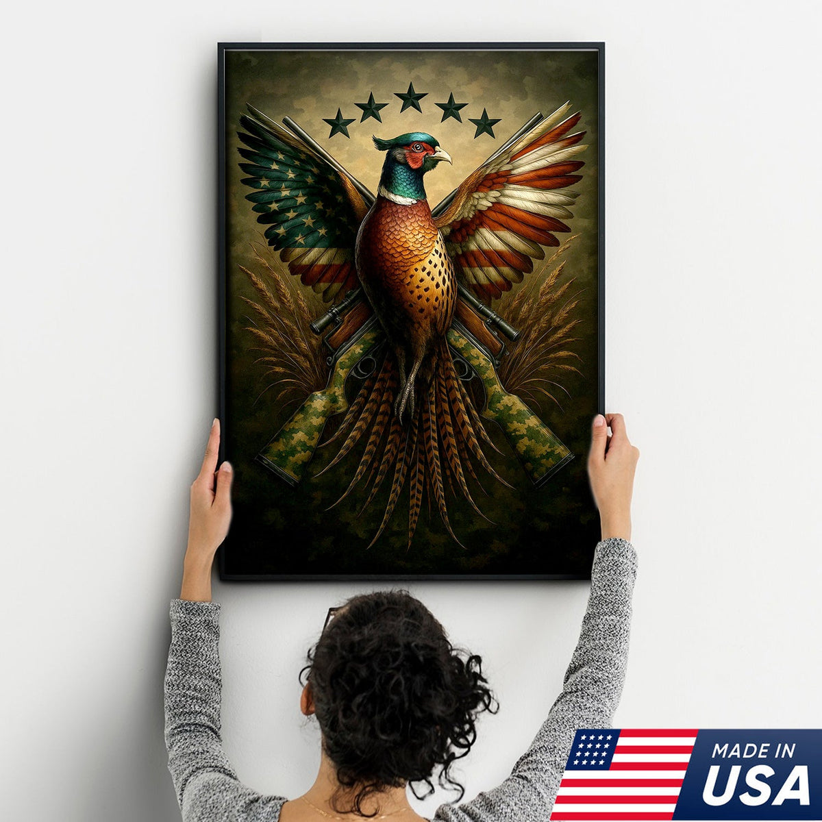 American Flag Pheasant Canvas Wall Art, Patriotic Hunting Decor for Men, Rustic Cabin Artwork