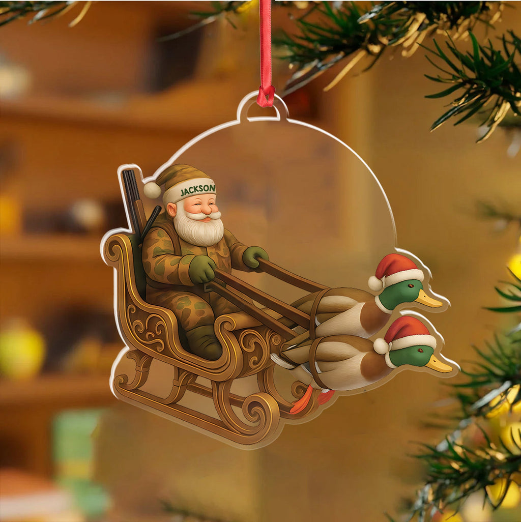 Personalized Funny Santa Hunter Acrylic Ornament– Duck Hunting Christmas Wall Art, Santa Claus with Ducks Sleigh, Custom Hunter Gift for Men