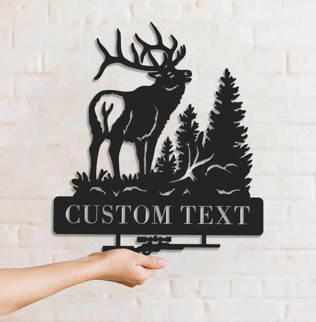 Personalized Elk Hunting Metal Sign WITH LED/WITHOUT LED Light Deer Forest Scene Custom Name Rifle Wall Art Hunter Gift