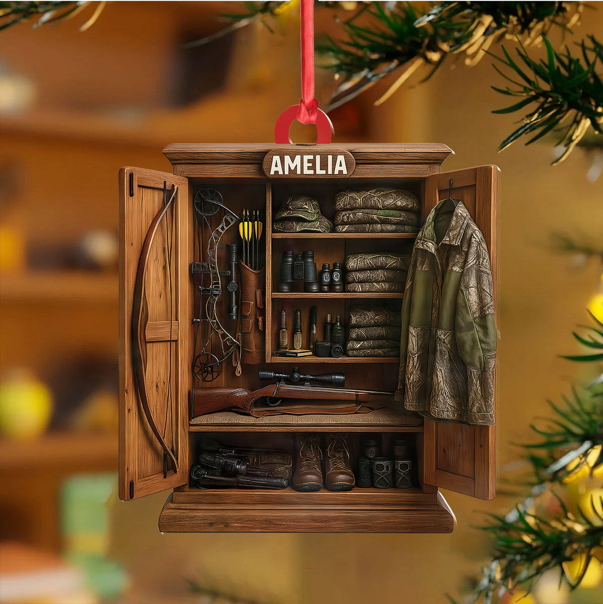 Personalized Hunter’s Gear Closet Ornament, Custom Name Hunting Equipment Christmas Decoration