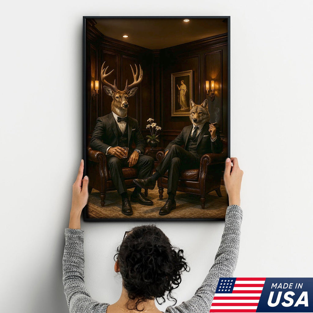 Elegant Deer and Wolf Canvas Wall Art - Sophisticated Animal Portrait in Suits, Luxury Rustic Decor