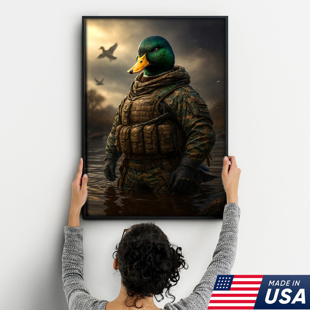 Tactical Duck Canvas Art – Elite Armored Mallard Warrior in Battle Scene
