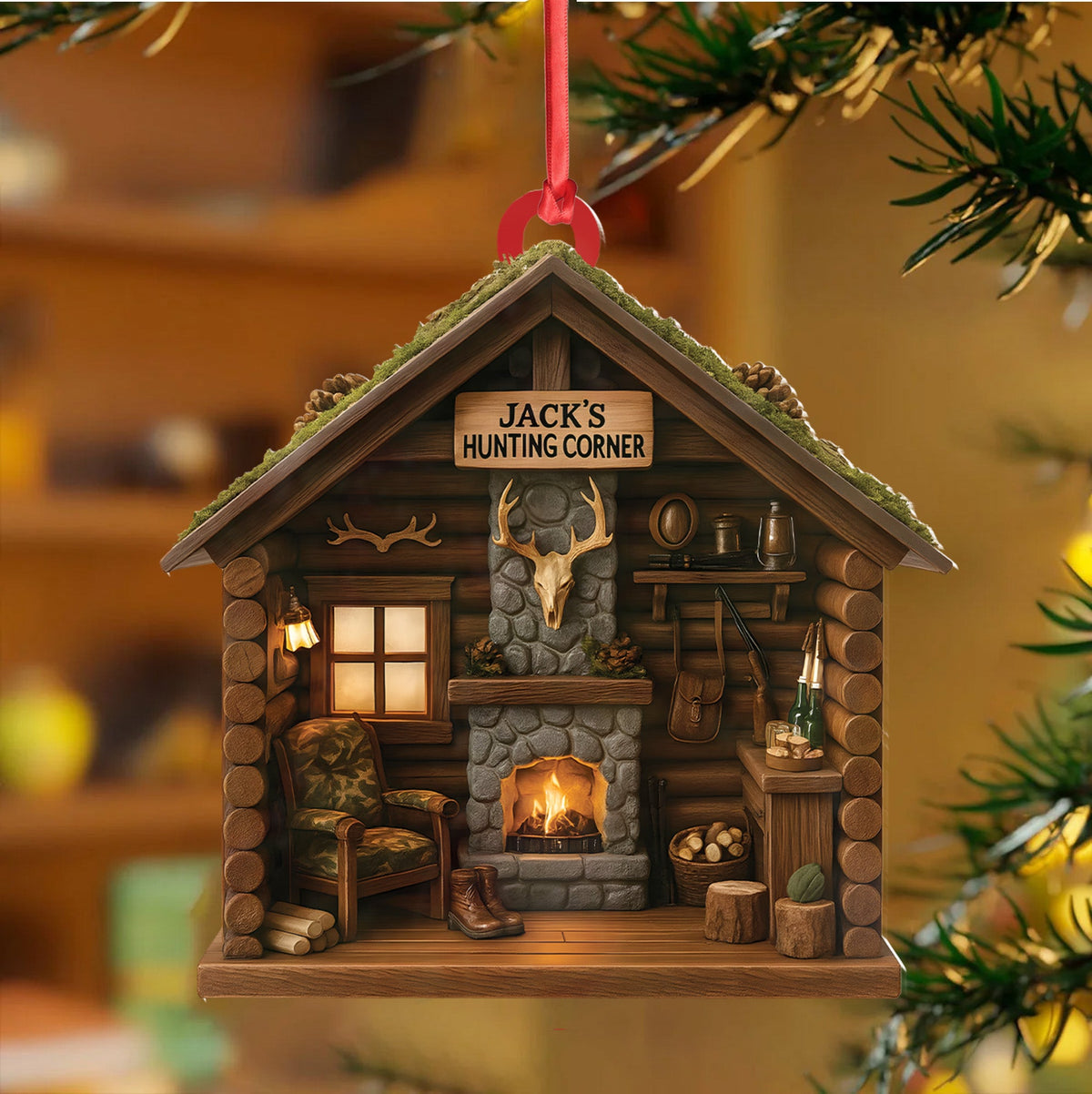 Personalized Hunter’s Cabin Ornament, Custom Log Cabin Christmas Decoration for Outdoor Lovers