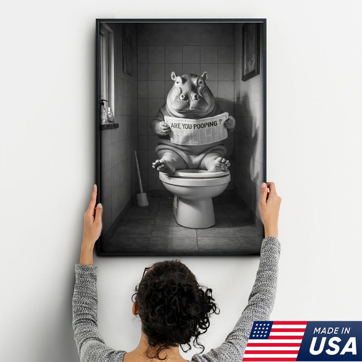Funny Hippo Bathroom Wall Art, Are You Pooping Hippo Toilet Canvas