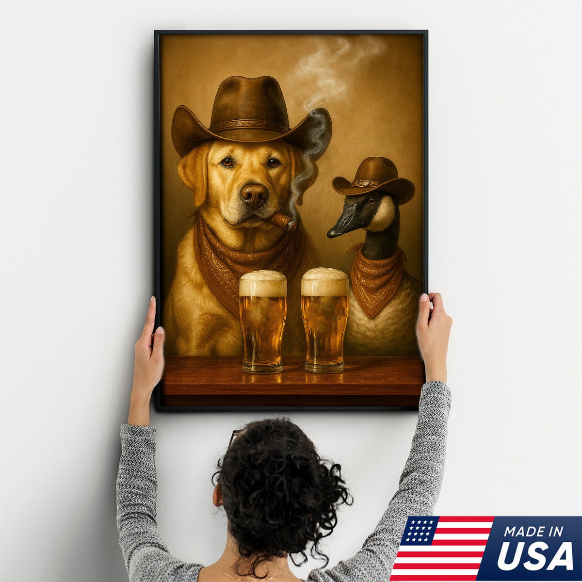 Funny Cowboy Dog & Goose Canvas Wall Art – Funny Beer & Smoking Western Decor for Hunters