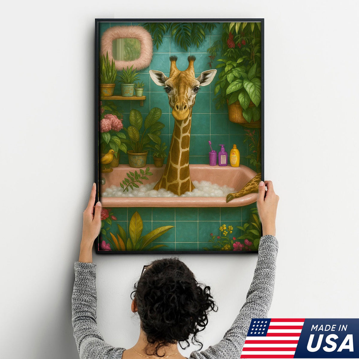 Giraffe Bathroom Wall Art Canvas, Funny Animal Taking Bath Decor