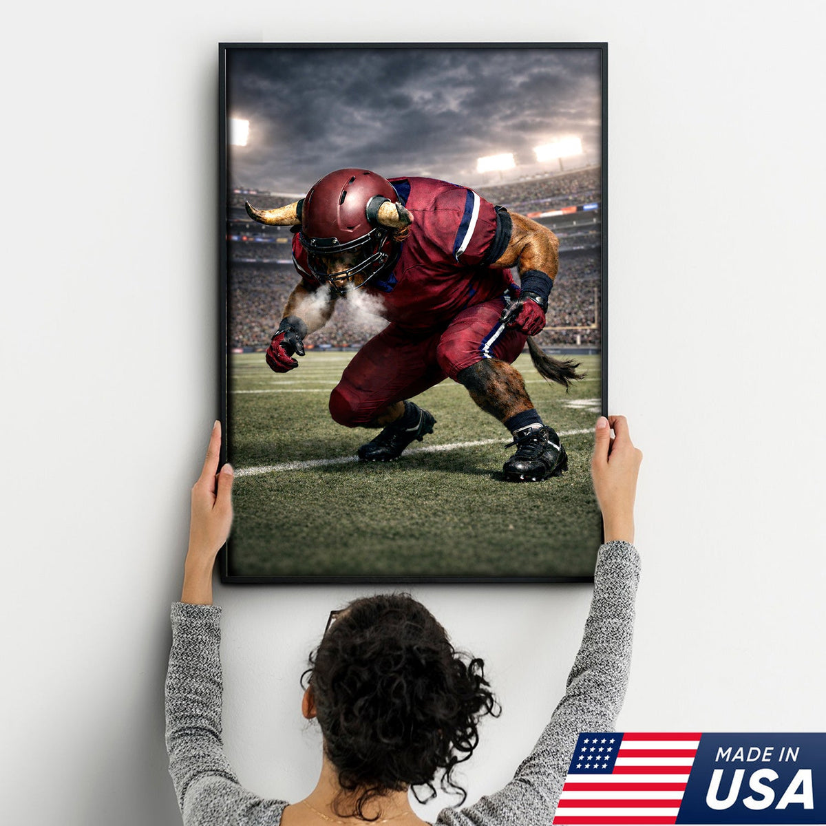 Fierce Bull Football Canvas Wall Art – Charging Horned Athlete Stadium Print