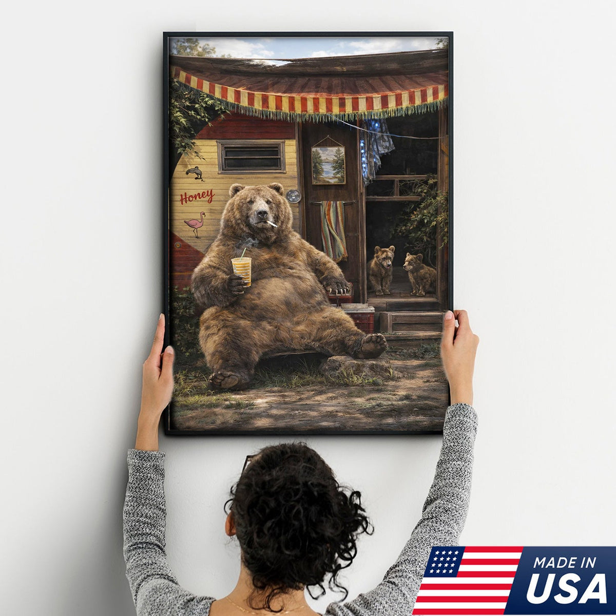Funny Bear Camping Canvas, Rustic Cabin Wall Art, Wildlife Decor