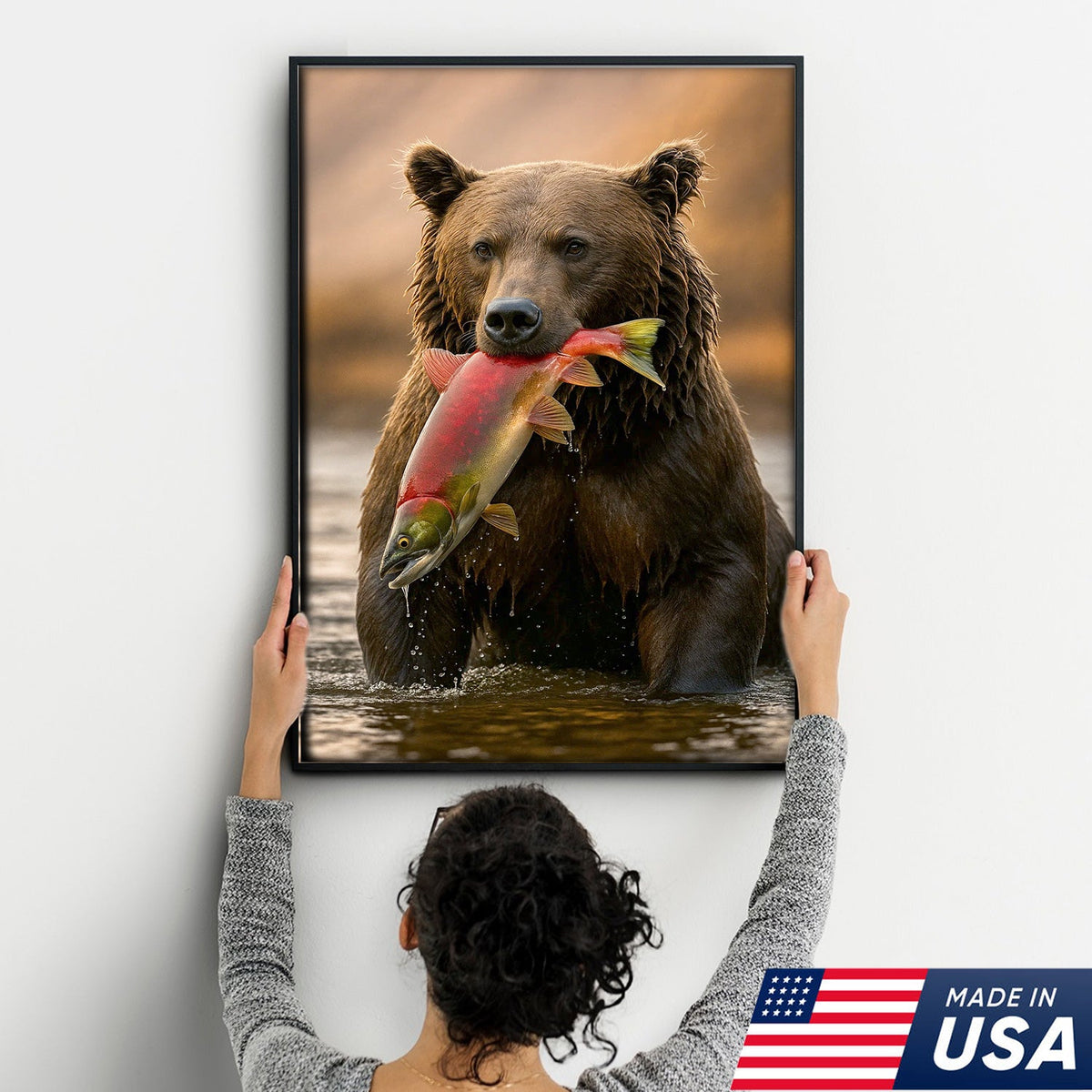 Bear Catching Salmon Canvas Wall Art, Wildlife River Cabin Decor, Nature Lover Gift