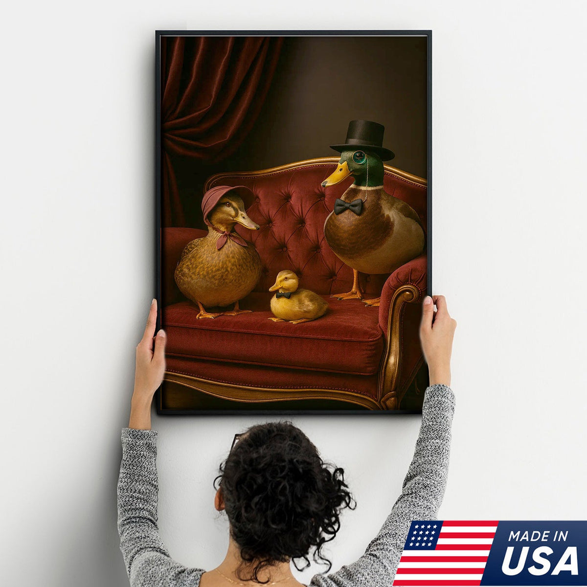 Victorian Duck Family Canvas Wall Art, Whimsical Anthropomorphic Birds Artwork