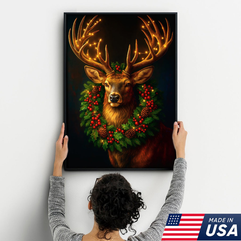 Christmas Deer Canvas Wall Art - Rustic Holiday Decor for Hunters, Cabin & Lodge Christmas Gift