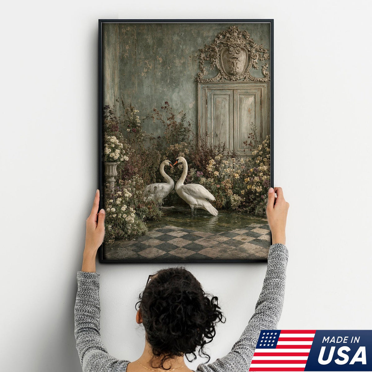 Romantic Swan Garden Canvas Wall Art, Elegant Swan Couple Forming Heart
