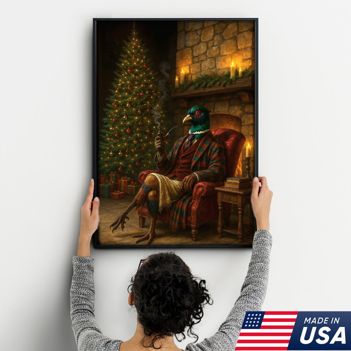 Holiday Pheasant Gentleman Canvas Wall Decor – Cozy Christmas Artwork for Cabin or Farmhouse
