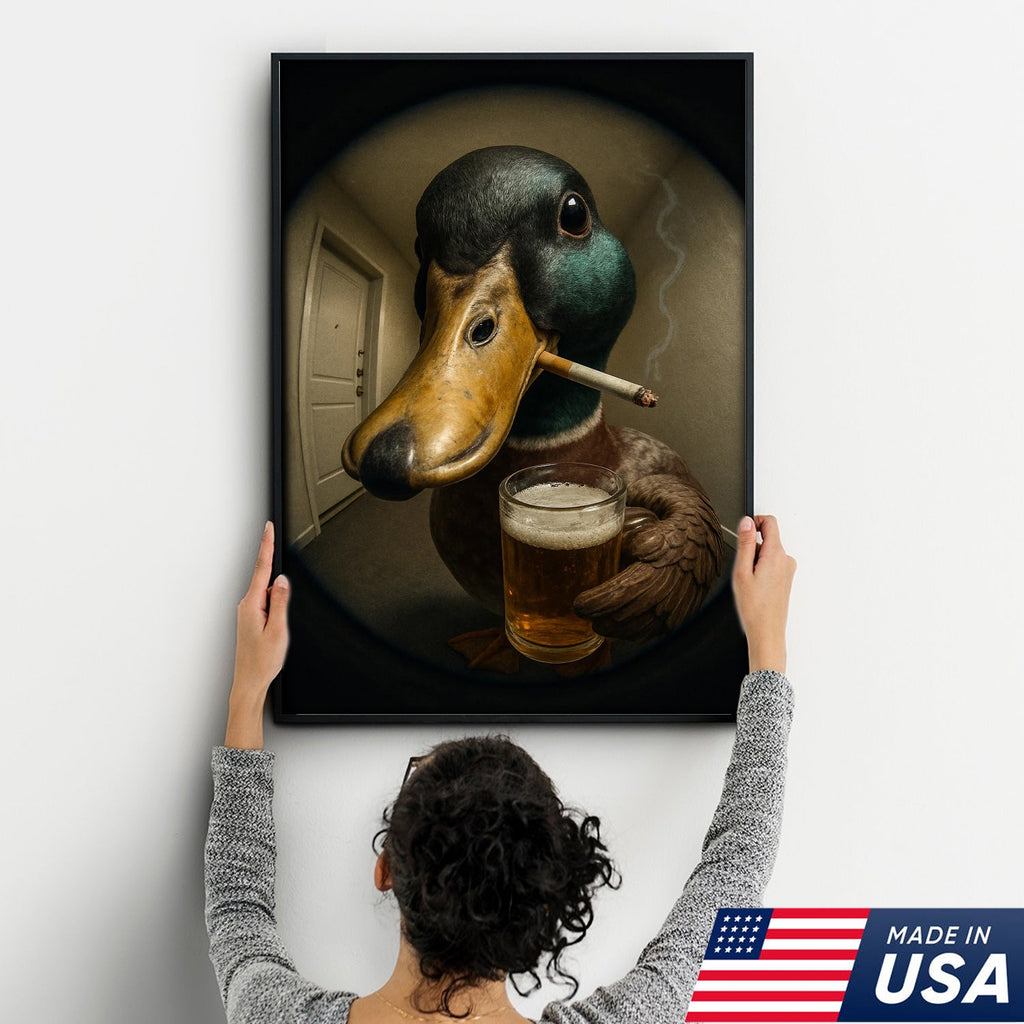 Mallard Duck Fisheye Canvas Wall Art – Funny Close-Up Door Peephole Portrait with Beer Glass