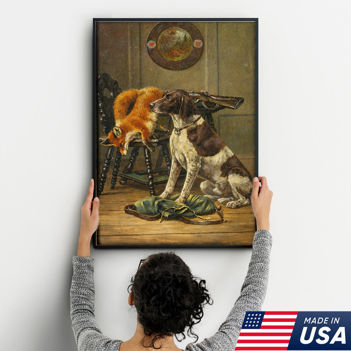 Vintage Hunting Dog and Fox Canvas Wall Art – Classic Sporting Rifle Still Life Print