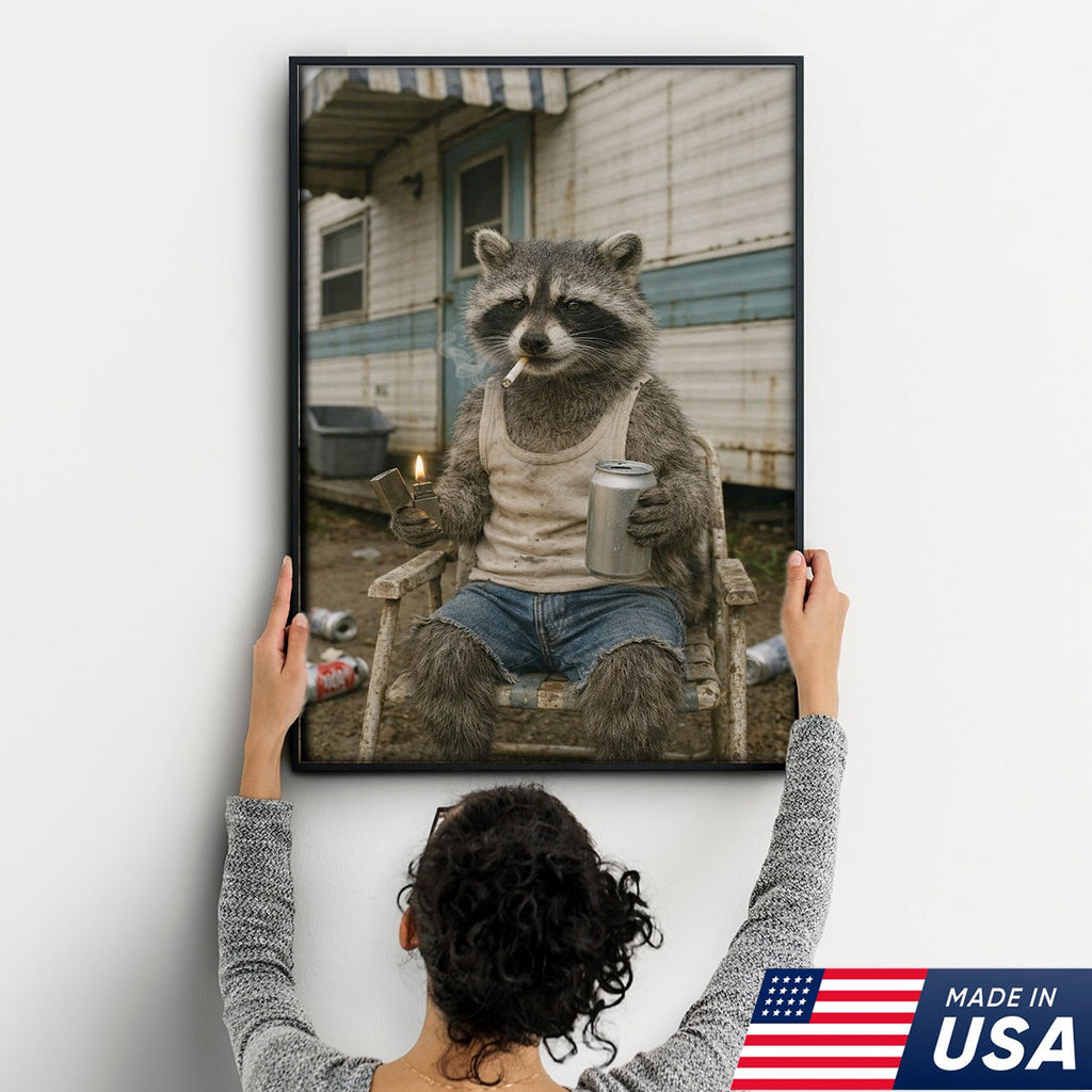 Funny Raccoon Trailer Park Canvas Wall Art, Redneck Raccoon Smoking with Beer