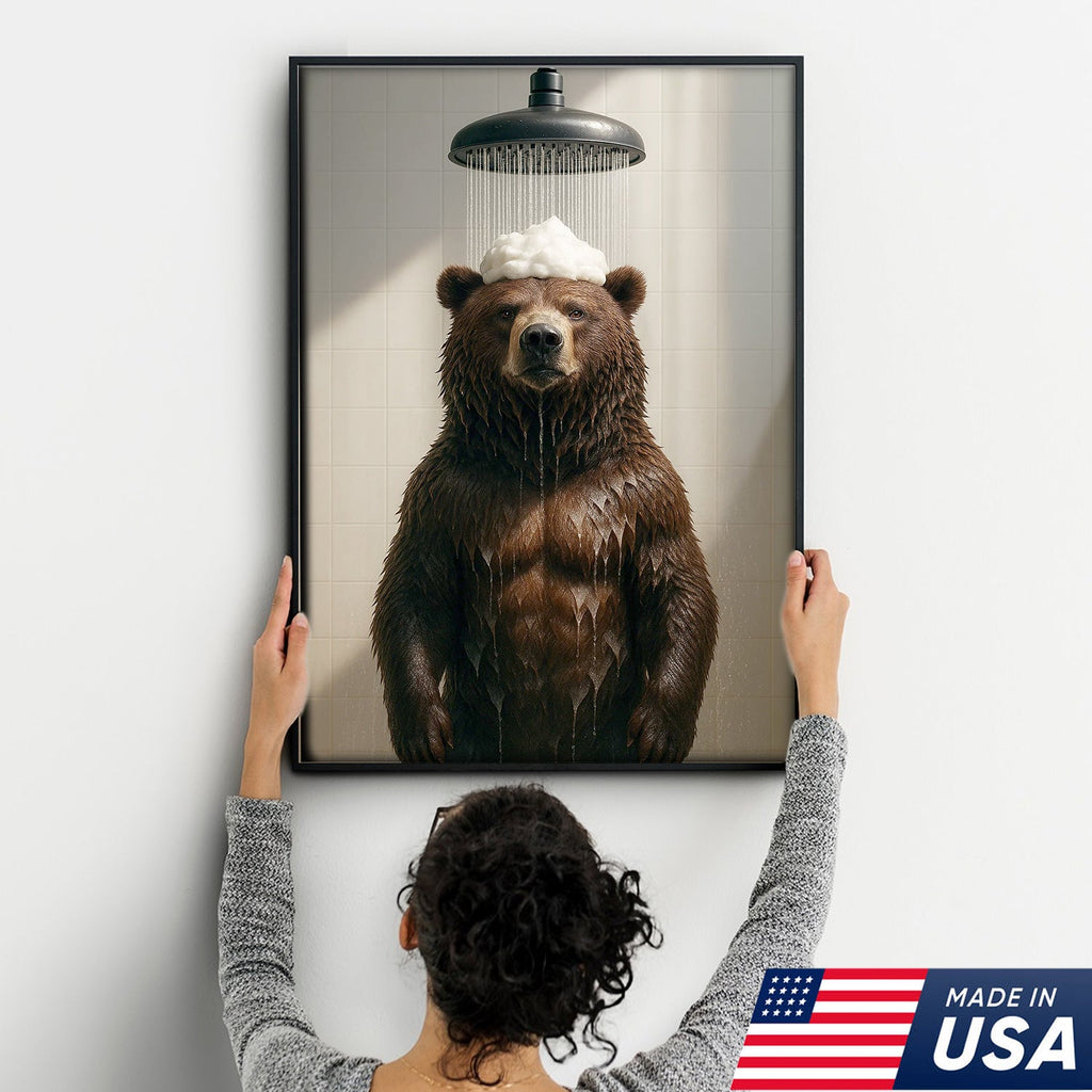 Funny Bear Taking Shower Bathroom Canvas Wall Art, Rustic Cabin Lodge Bathroom Decor