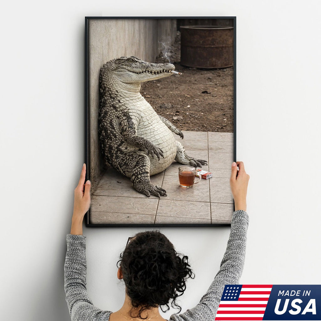Funny Crocodile Smoking & Drinking Coffee Canvas Wall Art, Dark Humor Animal Illustration