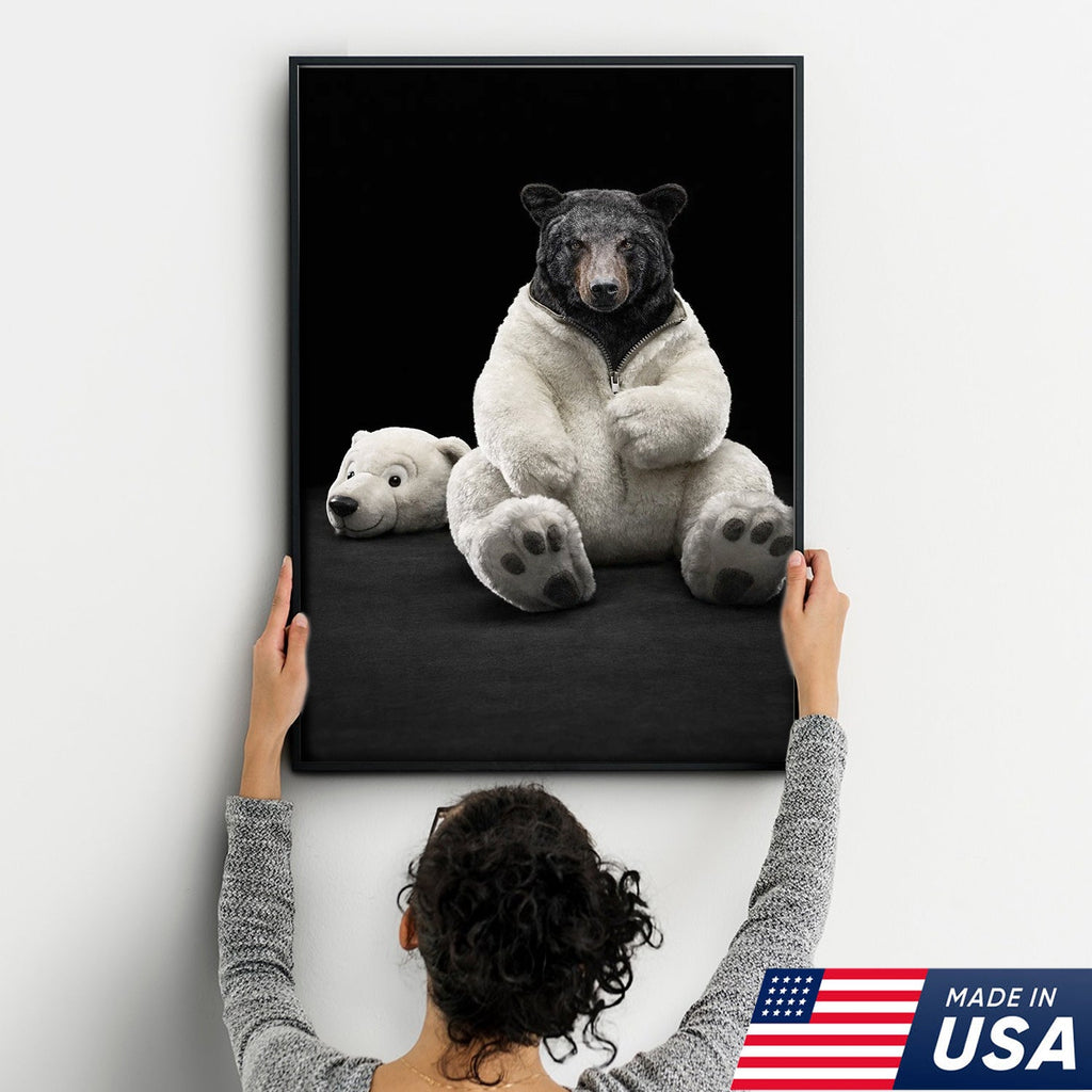 Cute Bear in Plush Suit Canvas Wall Art, Playful Bear Illustration with Soft Toy Head