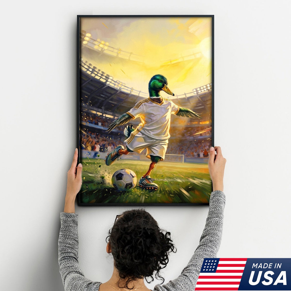 Funny Duck Playing Soccer Canvas, Animal Meme Wall Art, Soccer Decor