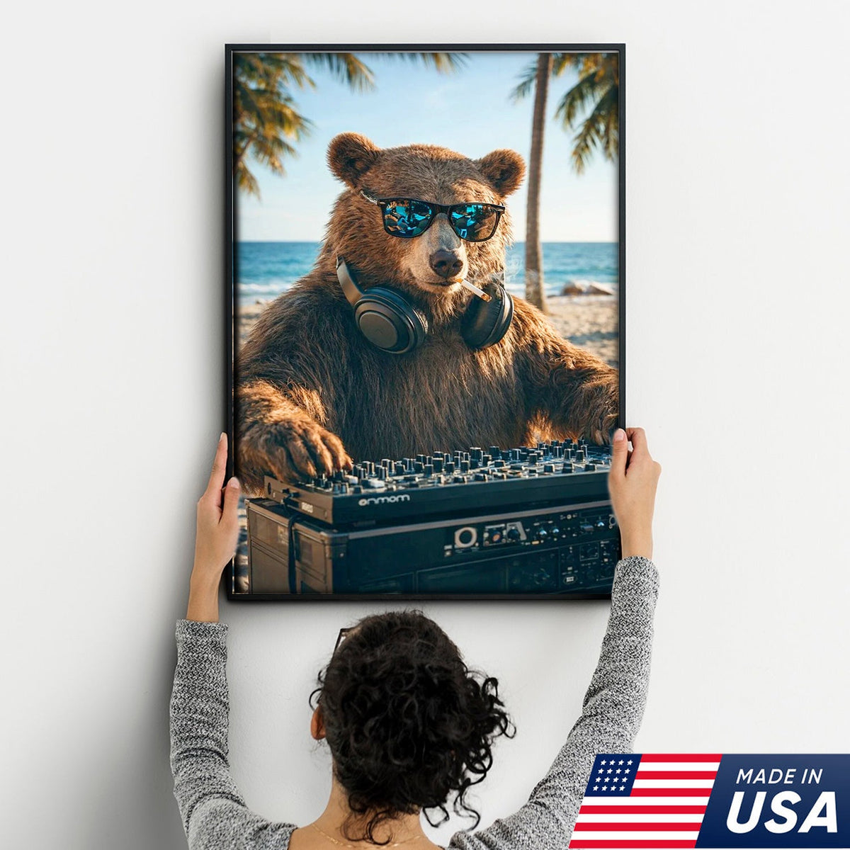 Cool DJ Bear Beach Canvas Wall Art – Trendy Animal Music Print