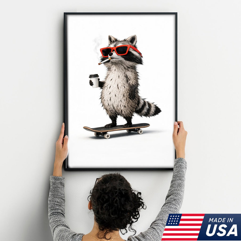 Cool Skateboard Raccoon Wall Art Canvas Print, Funny Urban Animal Illustration