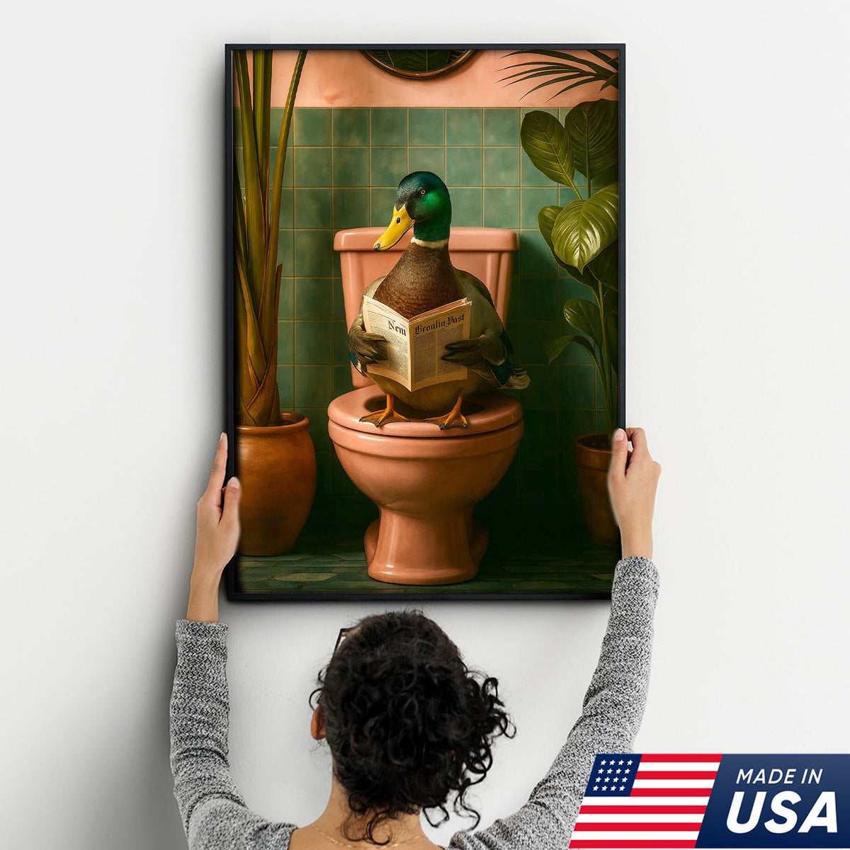 Whimsical Duck Bathroom Canvas Wall Art – Funny Rustic Lodge Decor – Mallard Reading Humor Print
