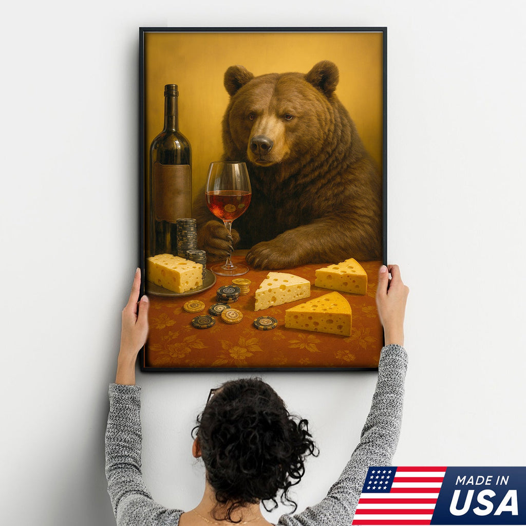 Funny Bear Wine & Cheese Wall Art Canvas - Poker Room Decor, Animal Painting for Home Bar