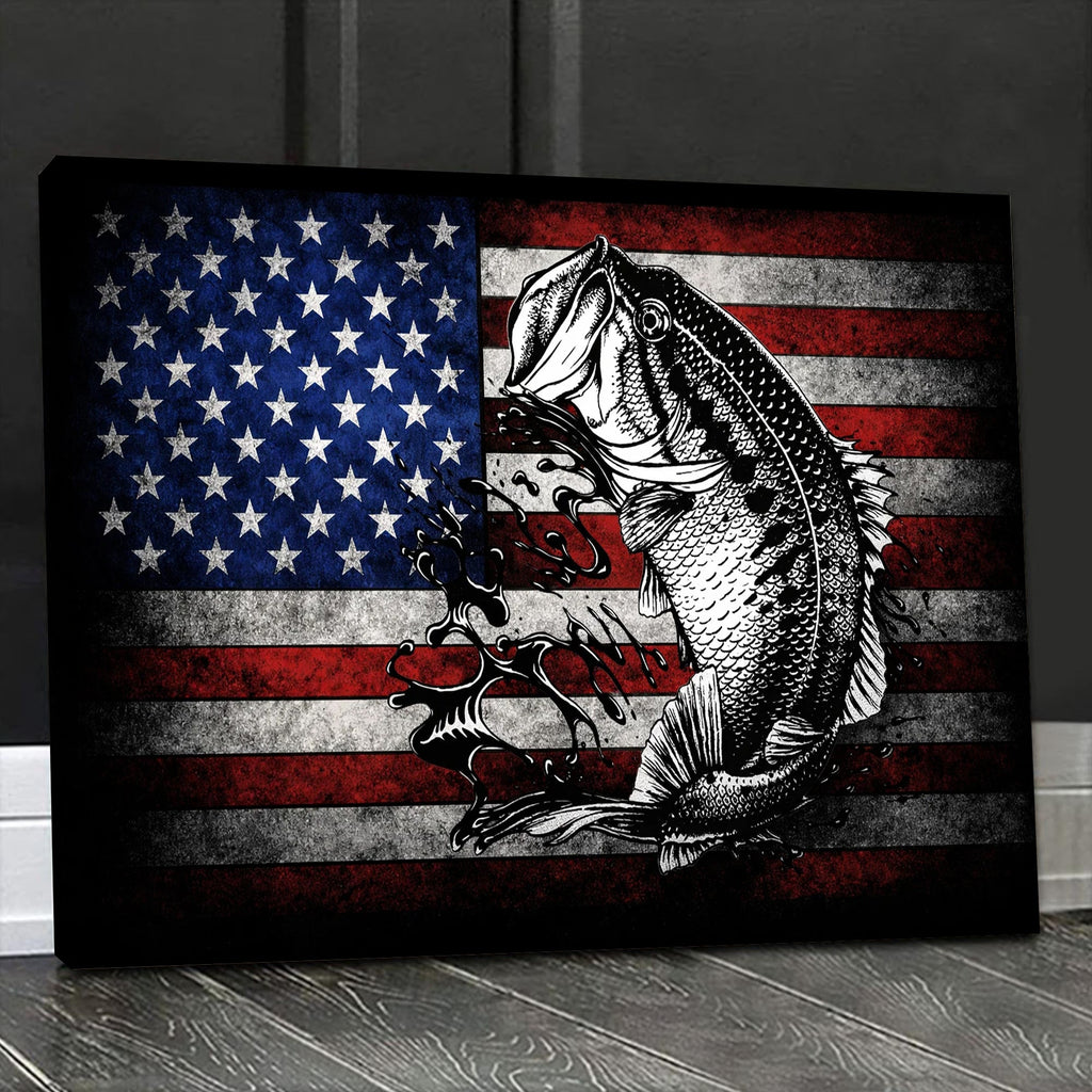 American Flag Bass Fishing Canvas Wall Art, Patriotic Fishing Fish Splash Artwork