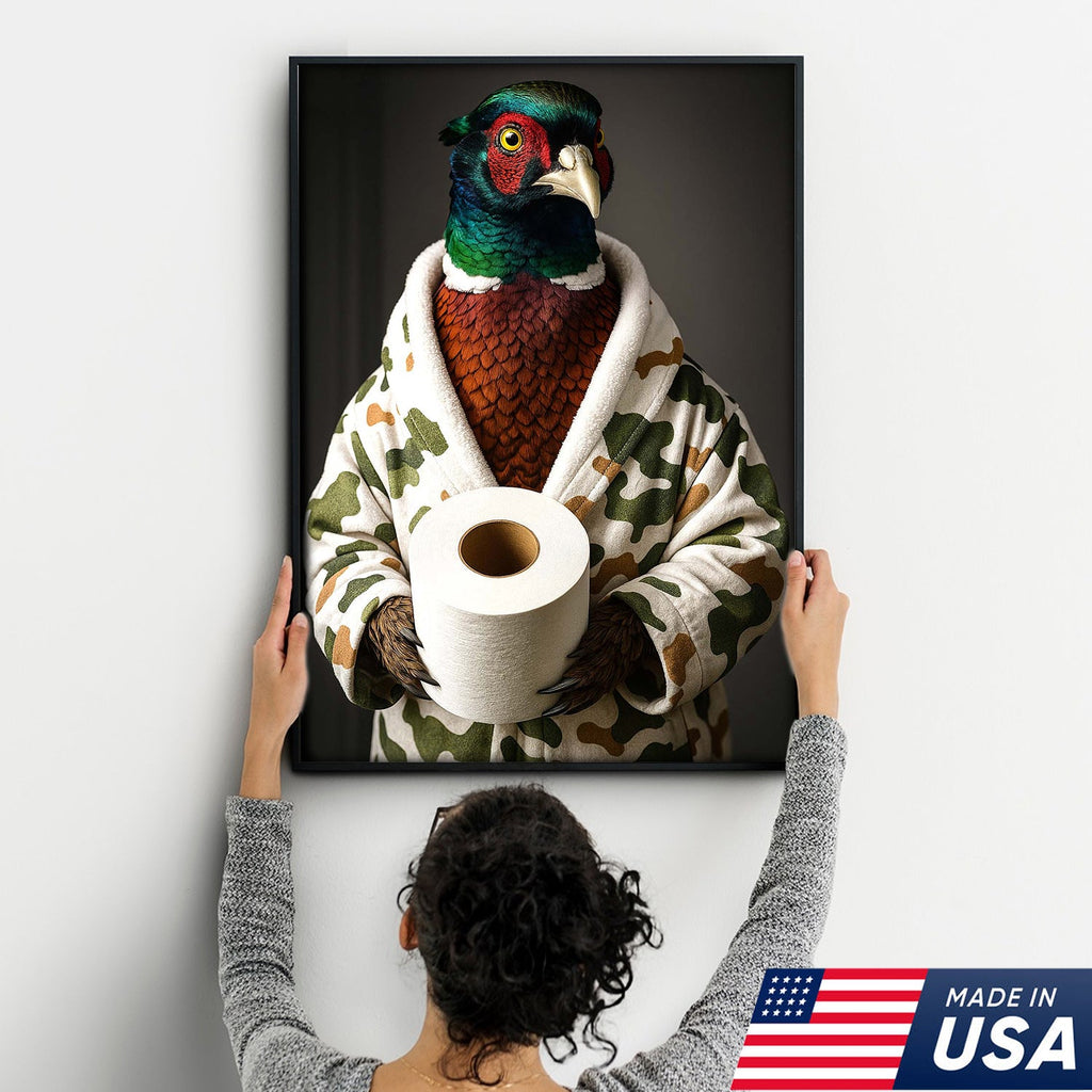 Funny Pheasant Bathroom Wall Art – Camo Robe Bird Holding Toilet Paper Print