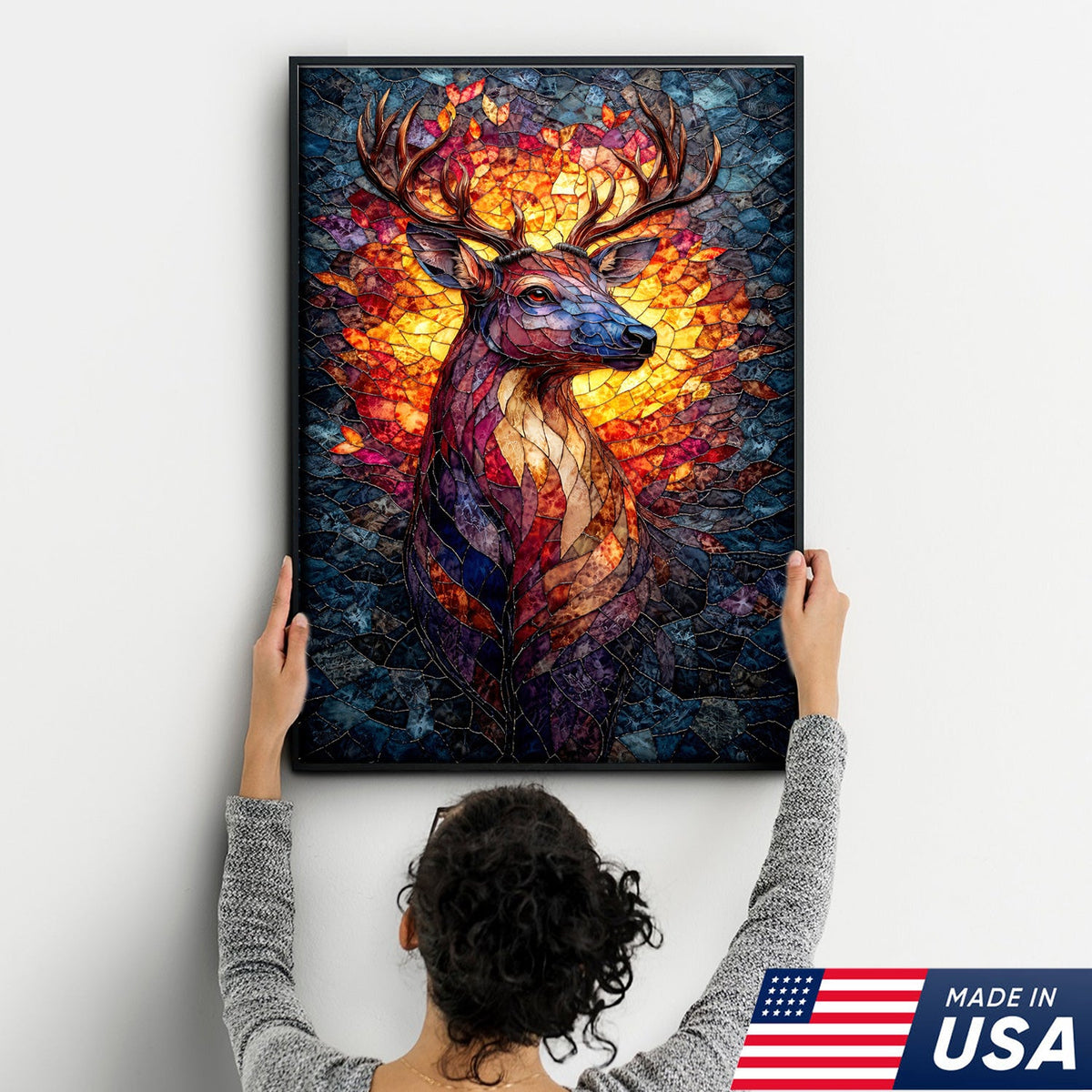 Stained Glass Deer Canvas Wall Art, Colorful Mosaic Animal Portrait